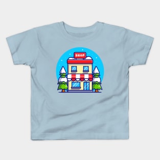 Shop Building In Winter Cartoon Kids T-Shirt